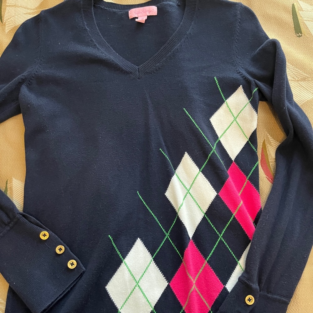 Lilly Pulitzer argyle navy blue sweater. Detailed buttons on sleeves